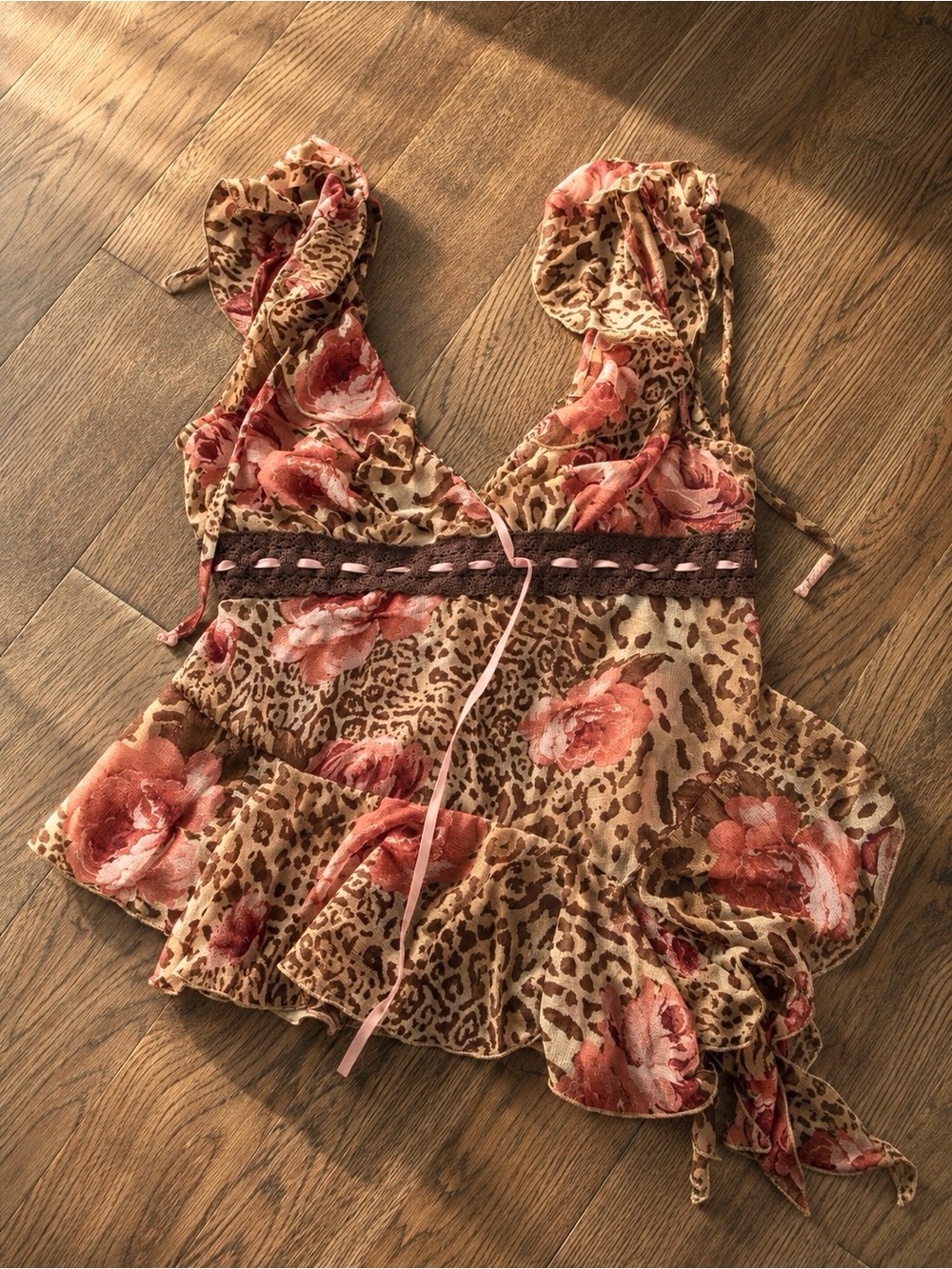 Velvet Floral & Leopard Ruffle Camisole - Pink/Brown Mix